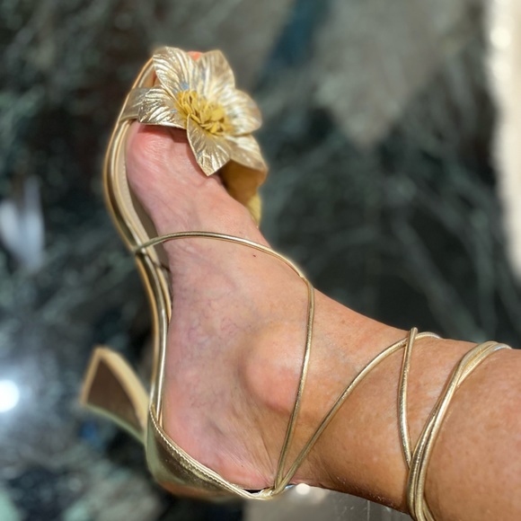 Kristine light gold-metallic 9 1/2M floral lace up 3 1/2” heels by Charles David - Picture 6 of 6